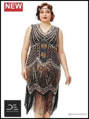 Plus Size 1920s Flapper Dress Sequin Fringe V-Neck Midi Costume